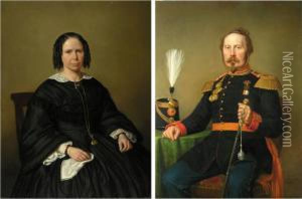 Gemaldepaar Portrait Eines Offiziers Und Portrait Seiner Frau Oil Painting - Philippe Lodowyck Jacob Sadee