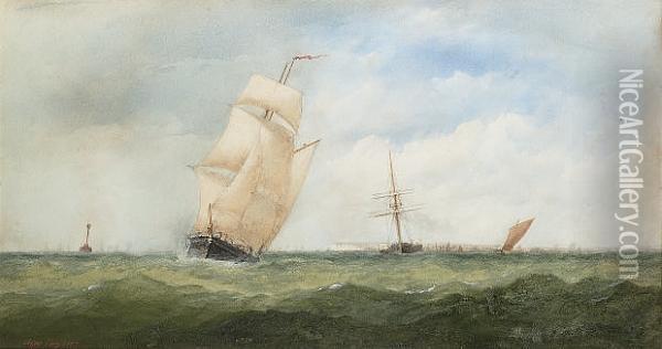 The Goodwin Lightship Astern Of A Brigantine With Other Vessels Inshore Oil Painting - Charles, Taylor Snr.