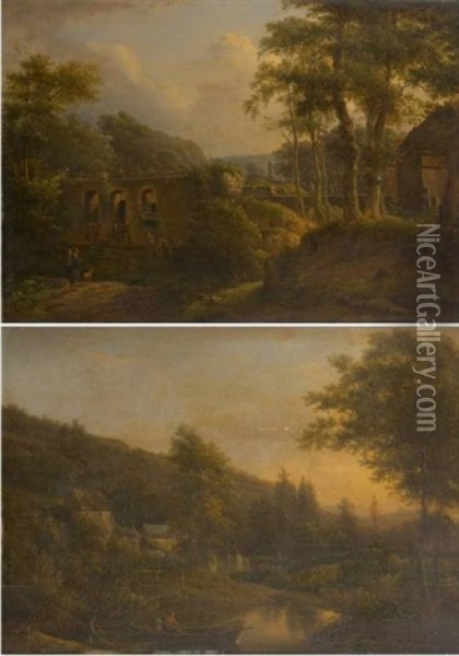 Paysages Romantiques Avec Cours D'eau (+ Another; 2 Works) Oil Painting - Julien Joseph Ducorron