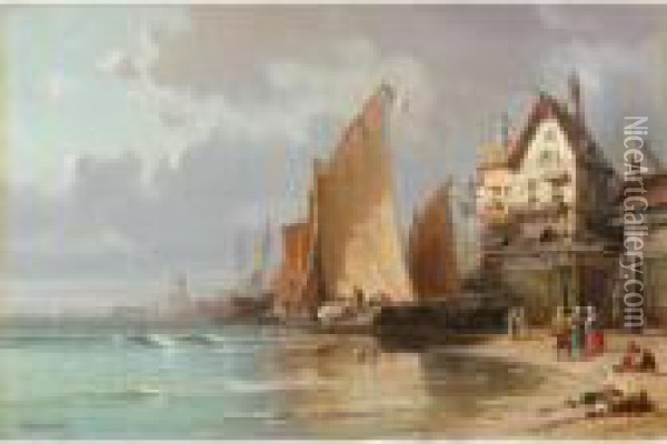 Sailing Vessels In A Harbour Oil Painting - Charles Euphrasie Kuwasseg