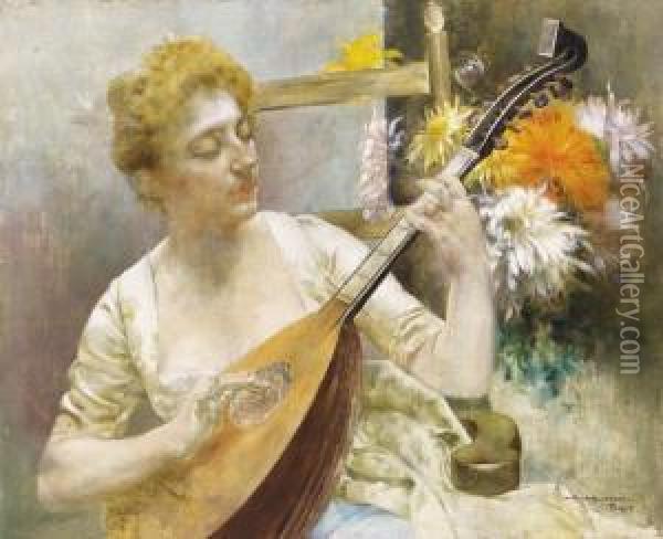 Parisian Woman With Mandolin Oil Painting - Bertalan Karlovszky