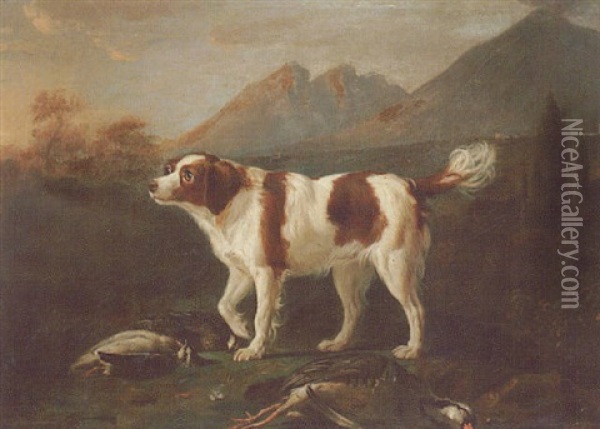 A Red And White Spaniel, With Dead Game In A Landscape With Vesuvius In The Background Oil Painting - Martin Ferdinand Quadal