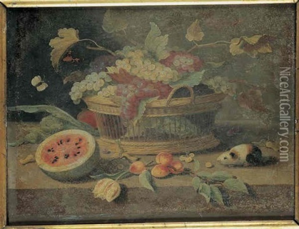 Nature Morte Au Panier De Raisins, Abricots Et Pasteques Sur Un Entablement Oil Painting - Jan van Kessel the Younger