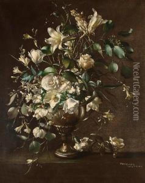 Still Life Of Mixed White Flowers In A Pewter Vase. Oil Painting - Terence Loudon