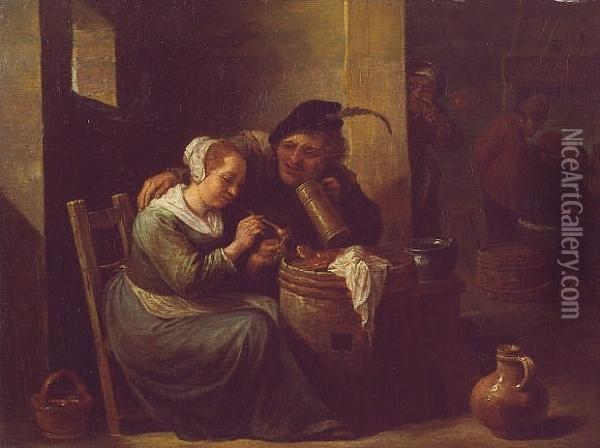 A Couple In A Tavern Interior Oil Painting - David The Younger Teniers