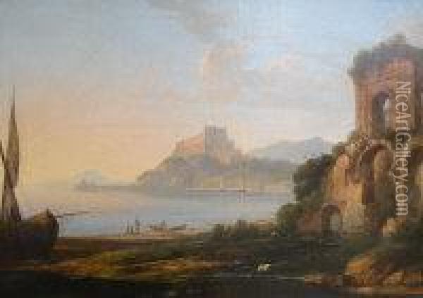 A Mediterranean Coastal Scene With Ruined Castle And Fishingboats Oil Painting - Claude-joseph Vernet