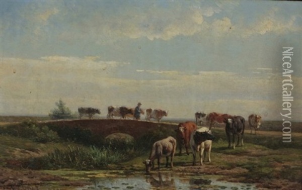 Hirte Mit Seinen Kuhen In Einer Gewasserlandschaft Oil Painting - Jacobus Everardus Jos. van den Berg