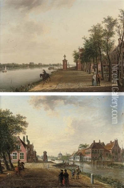 A Figure On Horseback And Others By A Canal (+ Figures Strolling By A Canal; Pair) Oil Painting - Johann Jacob Koller