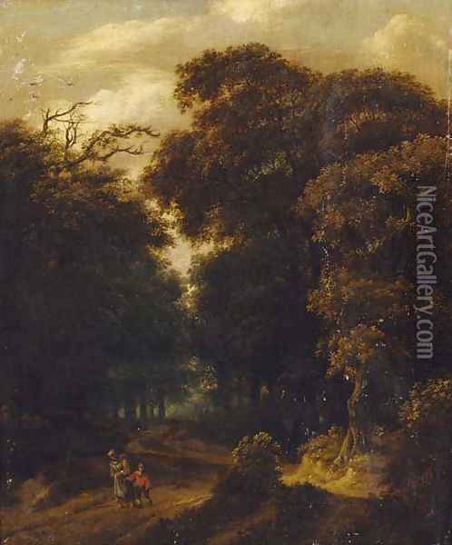 A wooded landscape with a mother and child on a track Oil Painting - Salomon Rombouts
