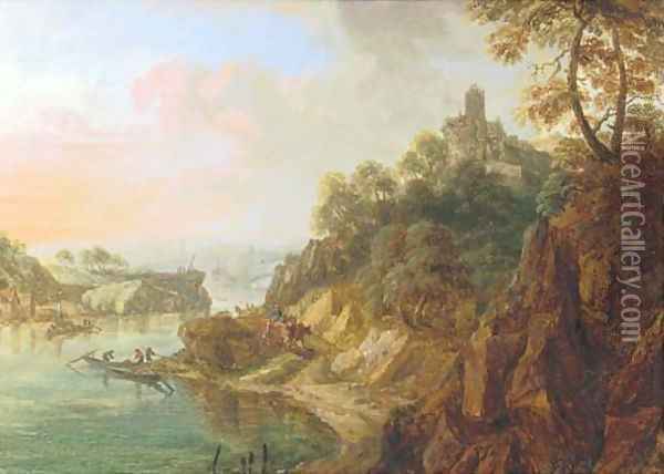 A Rhenish landscape with herdsmen on a track near a castle Oil Painting - Christian Georg Schuttz II