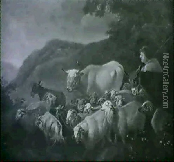 Hirt Mit Herde In Einer Landschaft Oil Painting - Francesco Londonio