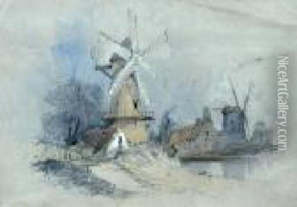 Windmills Oil Painting - Henry Bright