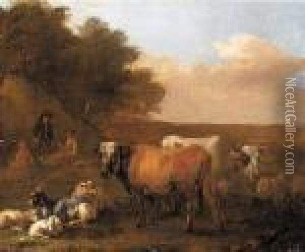 Family With Drovers And Their Animals Oil Painting - Albert-Jansz. Klomp