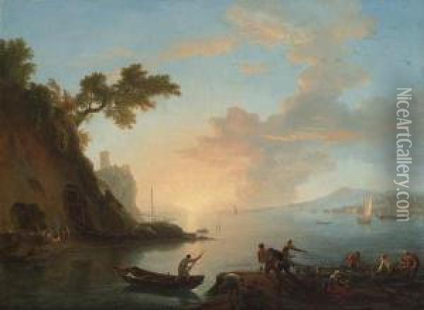 Neapolitan Coastal Views With A Dutch Warship And Fishermen In Aharbour Oil Painting - Adriaen Manglard