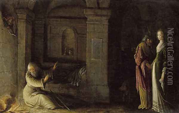 The interior of a crypt by night with the Temptation of Saint Antony Oil Painting - Hendrick Van Steenwijk II