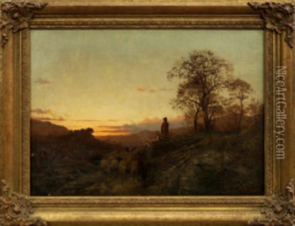 Shepherd With His Flock At Sunset On A Mountain Track Oil Painting - Pietro Senno