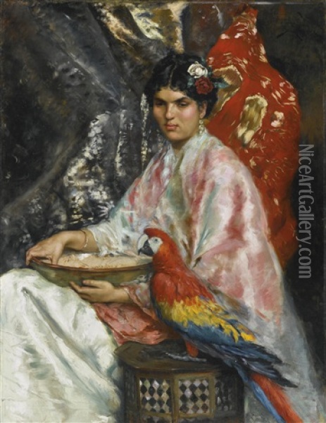 Lady With A Parrot Oil Painting - Julius LeBlanc Stewart