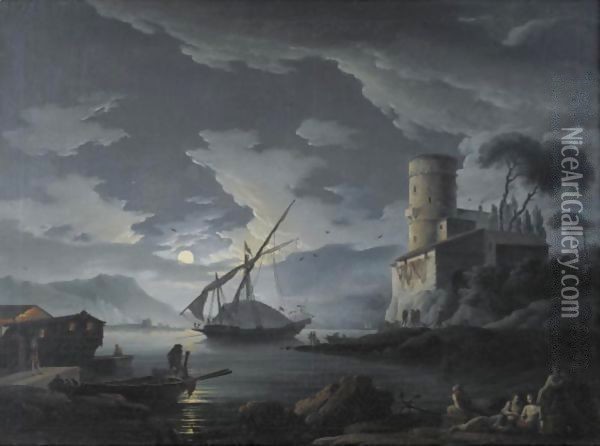 A Mediterranean Harbor By Moonlight Oil Painting - Carlo Bonavia