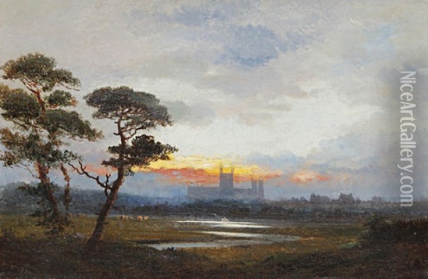 Ely Cathedral At Sunset Oil Painting - Edward H. Niemann