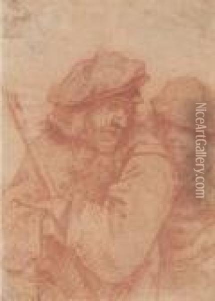 Deux Hommes A Mi-corps, L'un Tenant Un Baton Oil Painting - David The Younger Teniers