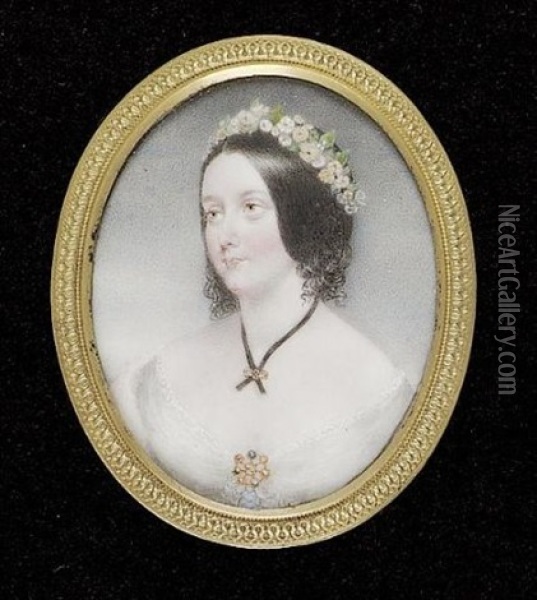 Geraldine Perceval Wearing White Dress With Brooch At Her Corsage, Black Ribbon Held With A Gold Slide And Garland Of Flowers In Her Dark Hair Oil Painting - James Holmes