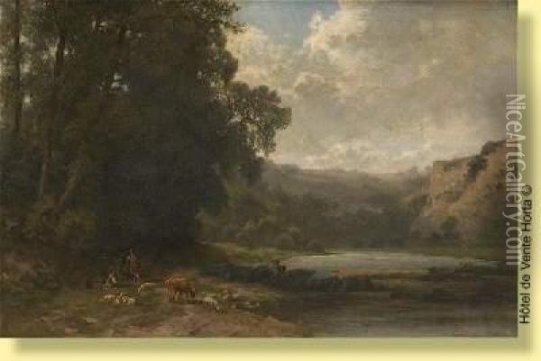 Bergers Et Moutons Au Bord D'un Lac Oil Painting - Edouard Jules Joseph Huberti