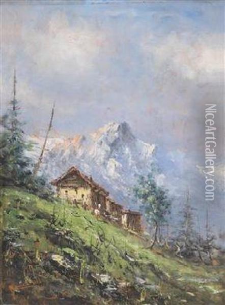 View Of An Alpine Cabin Oil Painting - Antonio, Anton Brioschi