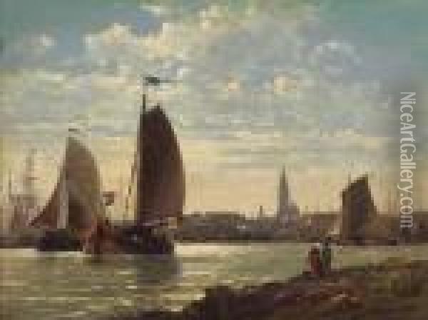 A Busy Dutch Seaport Oil Painting - Charles Euphrasie Kuwasseg