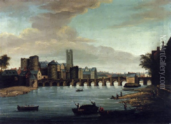 A View Of Limerick With Old Thomond Bridge, King John's Castle And St. Mary's Cathedral With Figures And Boats In The Foreground Oil Painting - Samuel Frederick Brocas