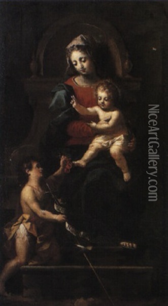 The Madonna And Child Enthroned With The Infant St. John The Baptist Oil Painting - Charles Edouard de Beaumont
