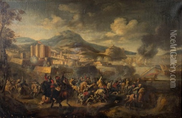 Choc De Cavalerie Pres D'une Ville Fortifiee Oil Painting - Pieter Meulenaer