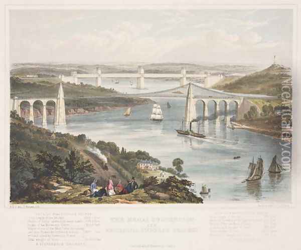 The Menai Suspension and the Britannia Tubular Bridges, c.1855 Oil Painting - Thomas Picken