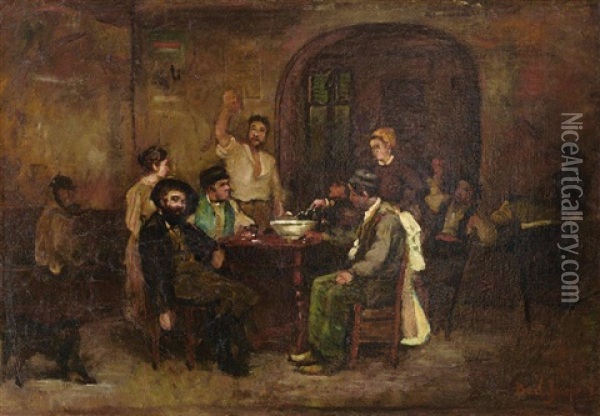 La Taverne - A Fleury-en-biere Oil Painting - Joseph Bail