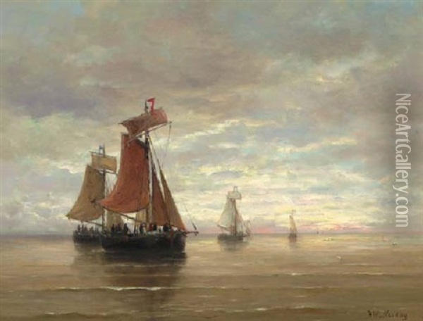 Bomschuiten In A Calm Oil Painting - Hendrik Willem Mesdag