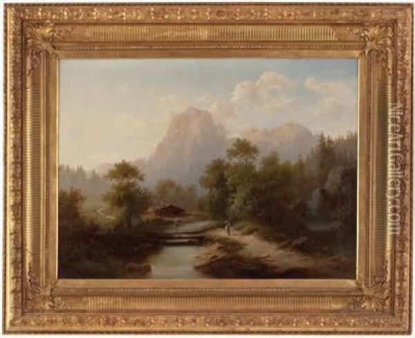 Flusslandschaft Im Hochgebirge Mit Wascherin Oil Painting - Gustav Barbarini