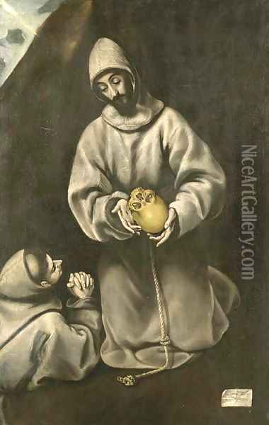 St. Francis and Brother Leo meditating on death Oil Painting - El Greco (Domenikos Theotokopoulos)