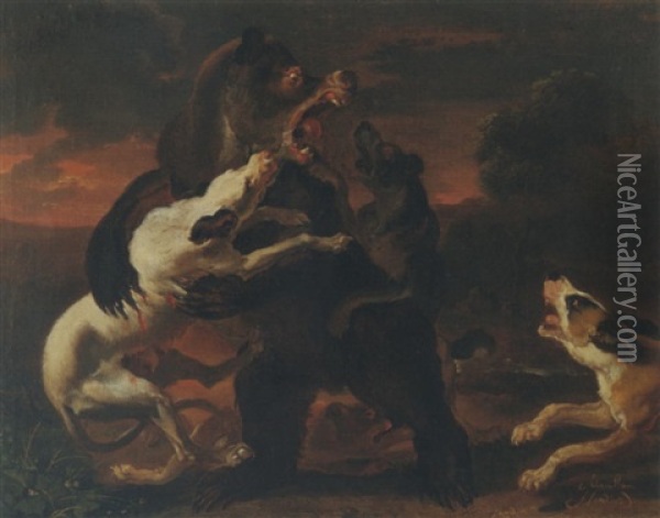 Hounds Attacking A Bear In A Landscape Oil Painting - Abraham Danielsz Hondius