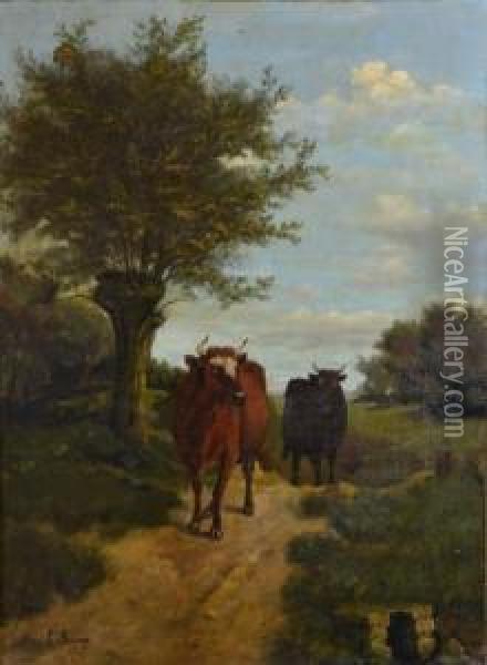 Vaches Au Chemin Oil Painting - L. Saunage