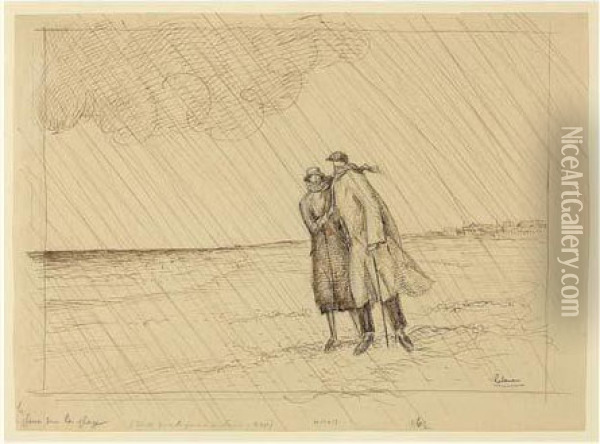 La Pluie Sur La Plage / Beach In
 The Rain (le Croisic). 1924. Etude Pour L'eau-forte (l. 281) Oil Painting - Jean Emile Laboureur