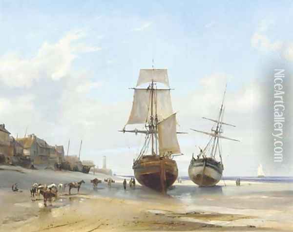 Bateaux echoues (Honfleur, Low Tide) Oil Painting - Eugene Isabey