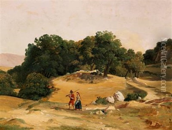 Italian Landscape With A Young Couple On A Path Oil Painting - Frederik (Fritz) Petzholdt
