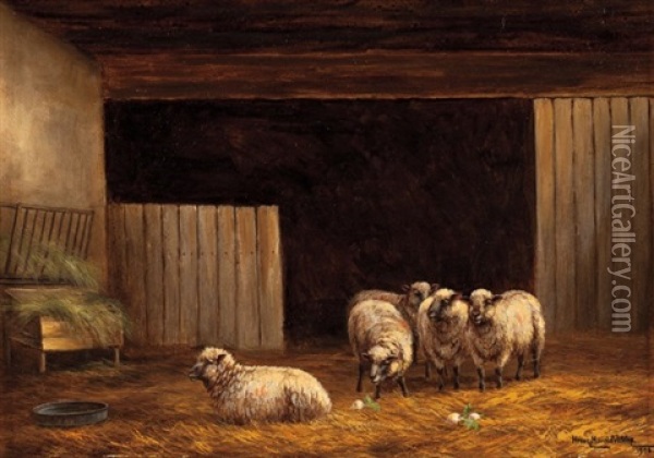 Sheep In A Stable Oil Painting - Henry Harold Vickers