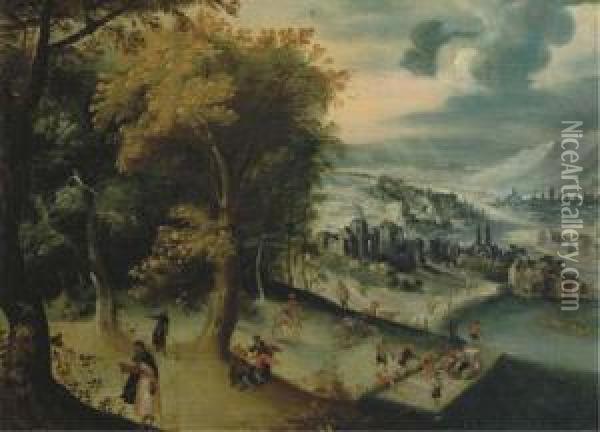 A Mountainous River Landscape With Travelling Pilgrims, Towns Beyond Oil Painting - Lucas van Valckenborch