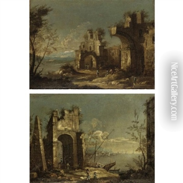 Capriccio Scenes Of The Venetian Laguna With Figures Before Classical Ruins (pair) Oil Painting - Michele Marieschi
