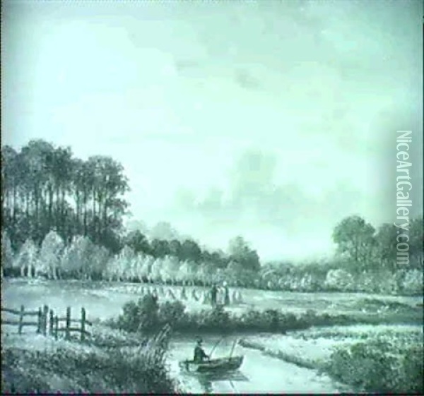 Sommerliche Flusslandschaft Mit Getreidehocken Und Angler   Im Vordergrund Oil Painting - Jan Van Ravenswaay