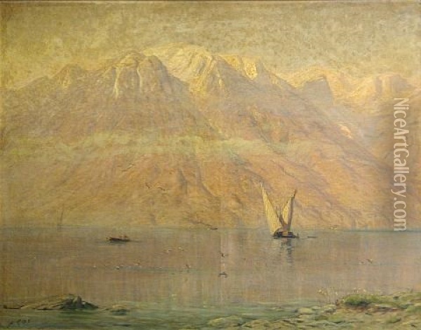 A Calm Lake At Sunset Oil Painting - Albert Henri John Gos