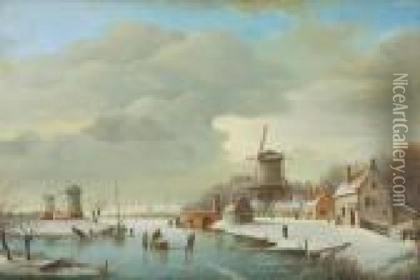 Snowy River Landscape With Skaters Oil Painting - Jan Jacob Coenraad Spohler