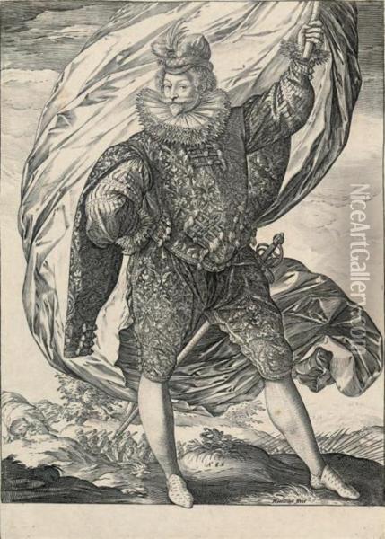The Standard-bearer Standing, Facing Right Oil Painting - Hendrick Goltzius