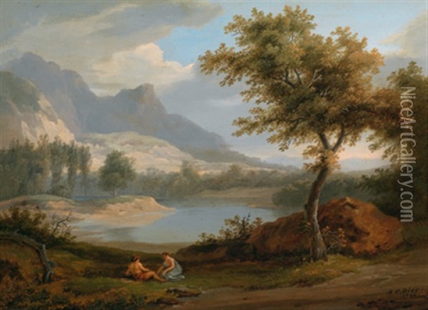 Ideale Landschaft Mit Ruhendem Liebespaar An Einem See Oil Painting - Albert Christoph Dies