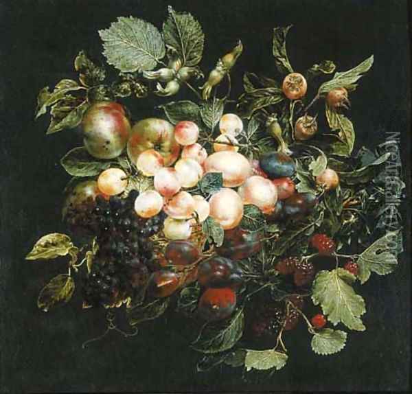 A swag of fruit hanging from a nail against a grey wall Oil Painting - Jan van Kessel